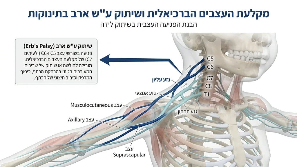 Anatomy of the brachial plexus in an infant, explaining the nerves involved in Erbs Palsy. איור של המקלעת הברכיאלית בתינוק