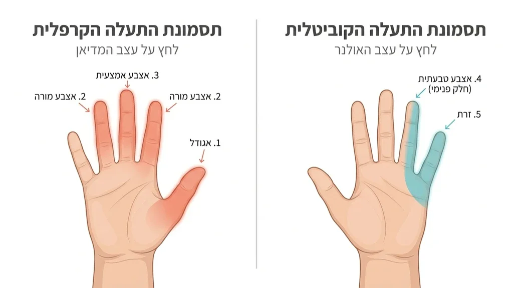 תרשים המציג את אזורי הנימול באצבעות היד בתסמונת קרפלית וקוביטלית